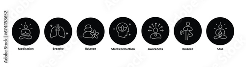 Mindfulness Icon Concepts - Meditation, Balance, Soul, Breath, Stress Reduction, Awareness, Body.