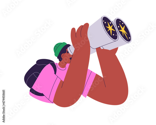 Searching, looking for success, goal, opportunity in future. Person with binoculars, watching stars, exploring space, sky. Concept flat graphic vector illustration isolated on white background