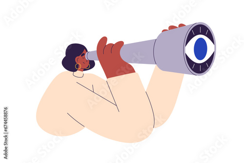 Searching, looking with spyglass. Exploring, finding future opportunities, goal, target, strategy. HR watching for employees, job, work. Flat vector illustration isolated on white background