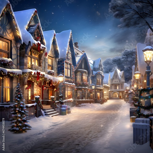 Beautiful winter cityscape with snow covered houses and street lamps.