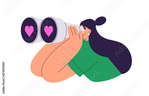 Searching, looking for love concept. Single woman watching through binoculars with hearts. Girl finding partner, relationships, valentine, crush. Flat vector illustration isolated on white background