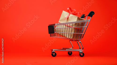 Shopping paper bags in cart trolley on red backgroud