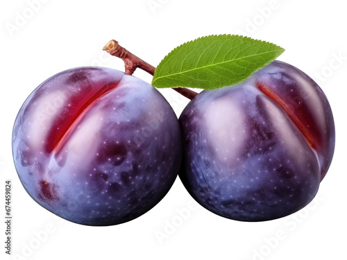 plums with leaves isolated  on transparent background