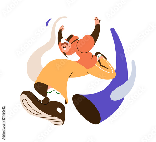 Happy young man jumping, running fast with joy, energy. Free excited energetic person rushing. Dream, inspiration, ambition concept. Flat graphic vector illustration isolated on white background