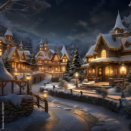 Winter night in the village. Winter fairy tale. 3d rendering