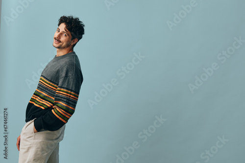 Isolated man lifestyle hipster fashion handsome sweater face one trendy smile portrait copyspace expression