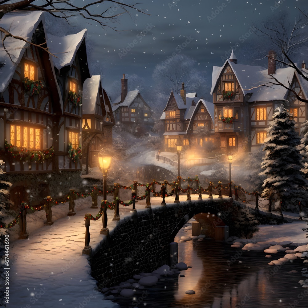 Digital painting of a winter night in a small european town