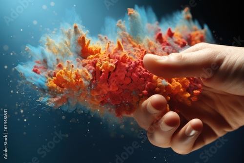 cloud of undefined multicolored particles in humans hand, singularity concept photo