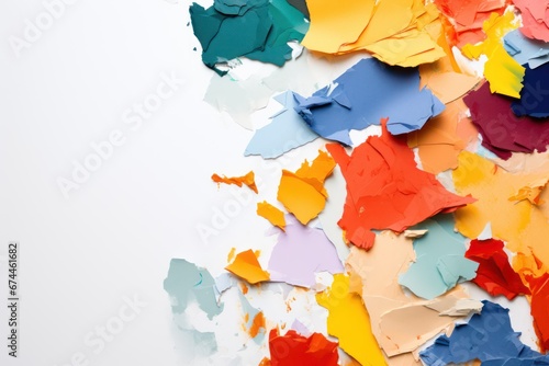 decorative background with crumpled colored papers on white