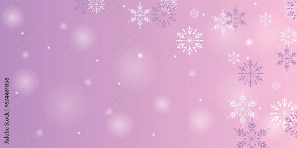 Falling snowflakes on a purple background. Winter decor. Snowy nature landscape.