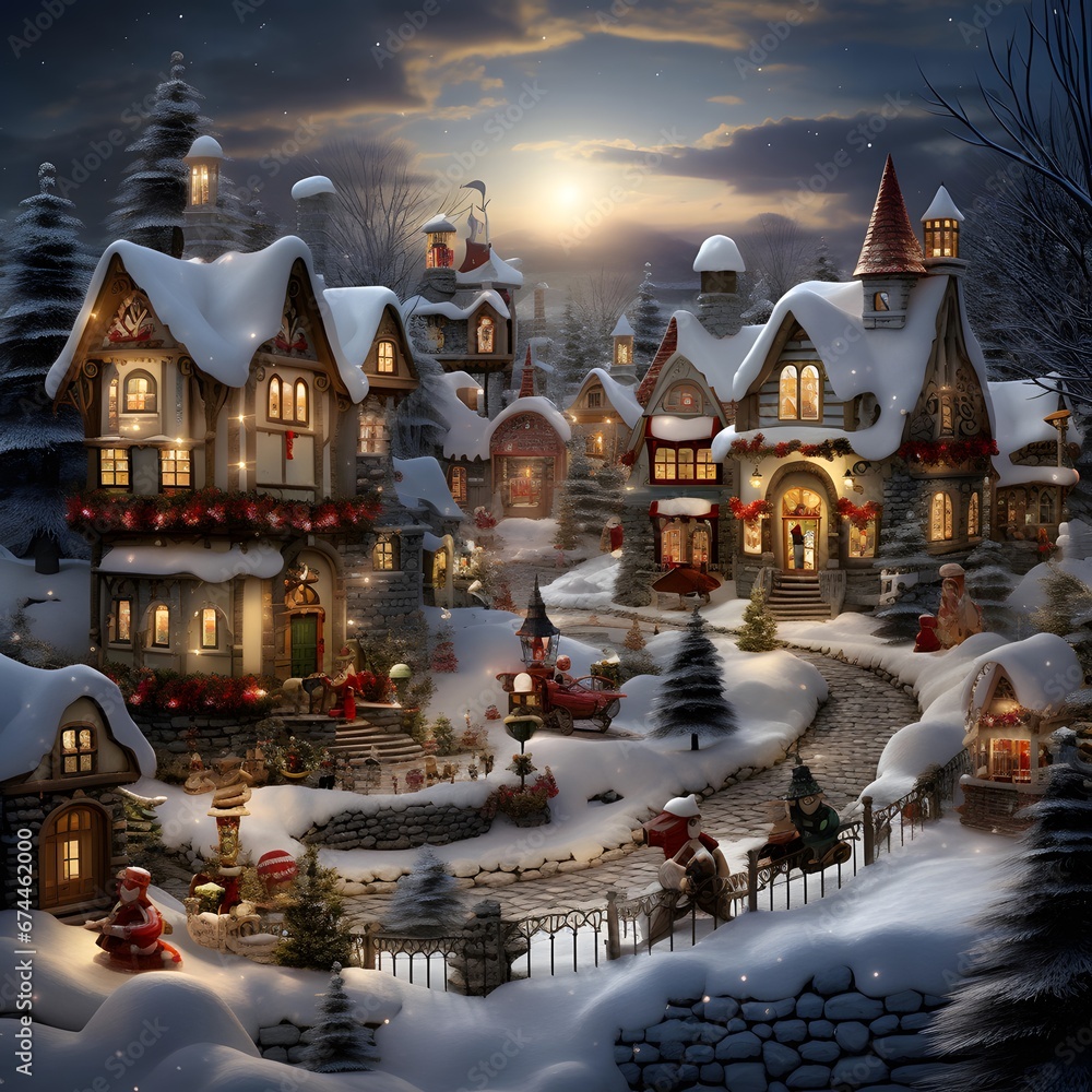 Christmas and New Year holiday background with winter village. Digital painting.