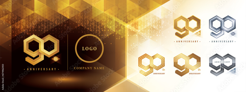 90th Anniversary logotype design, Ninety years anniversary celebration. Abstract Hexagon Infinity logo, 90 Years Logo golden for celebration event - obrazy, fototapety, plakaty 
