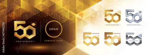 50th Anniversary logotype design, Fifty years anniversary celebration. Abstract Hexagon Infinity logo, 50 Years Logo golden for celebration event,