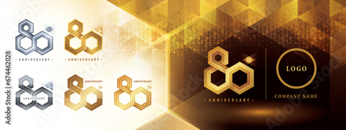 80th Anniversary logotype design, Eighty years anniversary celebration. Abstract Hexagon Infinity logo, 80 Years Logo golden for celebration event