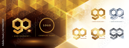 90th Anniversary logotype design, Ninety years anniversary celebration. Abstract Hexagon Infinity logo, 90 Years Logo golden for celebration event