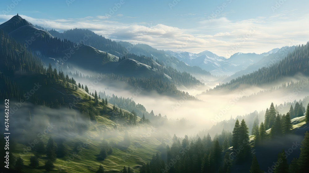 Obraz premium winter mountain travel forest landscape illustration mist morning, outdoor hill, beautiful natural winter mountain travel forest landscape