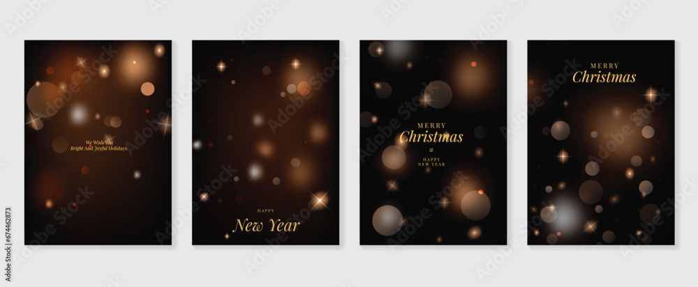 Luxury merry christmas and happy new year invitation card design vector. Gold twinkling stars on black gradient background. Design illustration for cover, print, poster, wallpaper, decoration.
