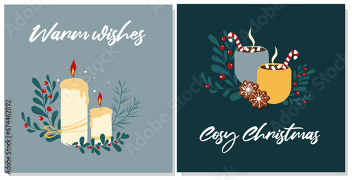 Two Christmas cards with cosy candles, hot cocoa cups and gingerbread snowflakes. 
