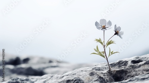 a white flower emerging from a rock, symbolizing resilience, strength, and the beauty of nature amidst adversity.