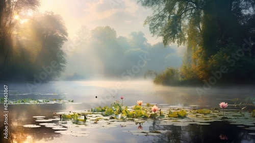 scenic nature heaven pond landscape illustration summer sunrise, beautiful fog, view background scenic nature heaven pond landscape