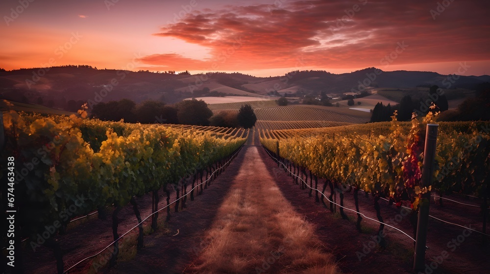 panoramic view of a vineyard at sunset in the countryside