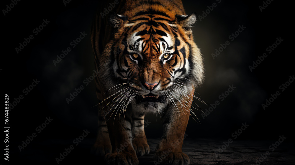 Cruel tiger looking ahead. it is one of the big cat species and is known for its distinctive orange-brown fur with black stripes. Cruel tiger looking ahead. it is one of the big cat species and is known for its distinctive orange-brown fur with black stripes.