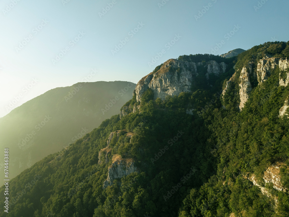 Aerial view of Mount Terminio peak at sunset from Ripe della Falconara lookout, Serino, Campania, Avellino, Italy. Aerial view of Mount Terminio peak at sunset from Ripe della Falconara lookout, Serino, Campania, Avellino, Italy.