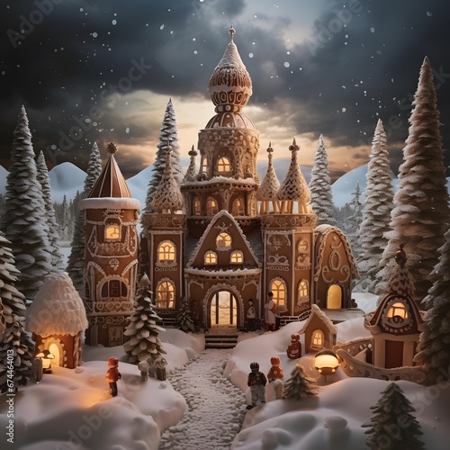 Gingerbread houses in the winter forest. Christmas and New Year background.