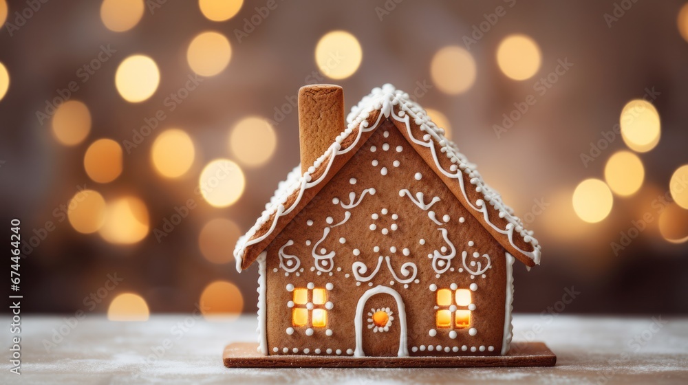 gingerbread house with a bokeh background.decorated with icing and candy.evokes the spirit of Christmas, winter, and home.