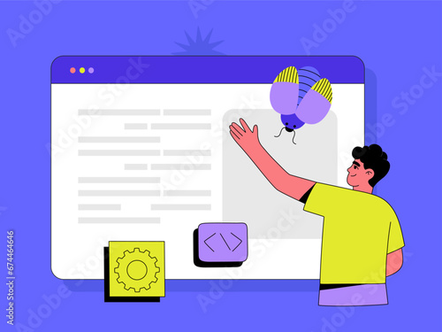 Process of testing application or website code. IT specialist searching for bugs. Digital analysis. Hand drawn vector illustration isolated on blue background, flat cartoon style.