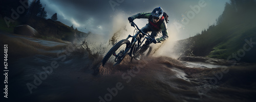 Mountain biker in forest trail with splashing water, Extreme sports in action motion blur