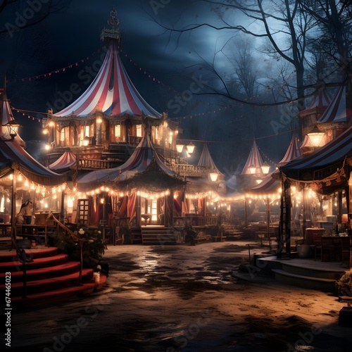 Amusement park at night with lights on. Digital painting.