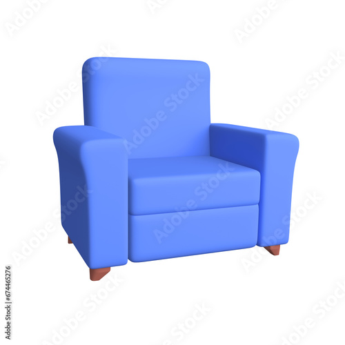 3D blue soft chair. Chair realistic 3d design element in cartoon style isolated on white background. 3d rendering