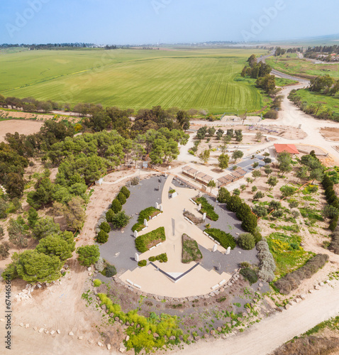 Aerial view of a monument shaped like arrow, Black arrow, Mefalsim, Israel. photo