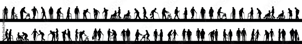 Senior elderly people with walking aids outdoors activities vector silhouette set collection. Senior elderly people with walking aids outdoors activities vector silhouette set collection.