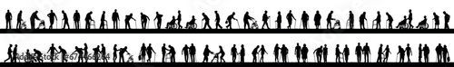Senior elderly people with walking aids outdoors activities vector silhouette set collection.