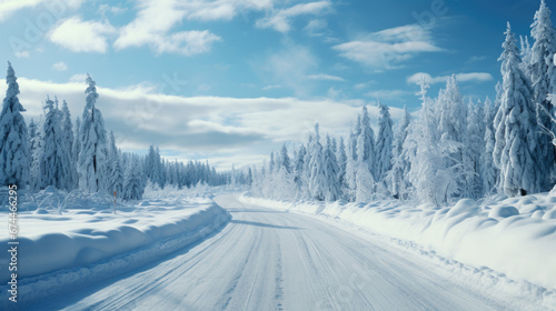 A snow-covered highway leading through a snow-covered forest