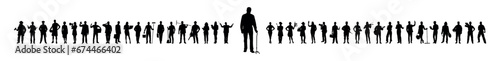 Senior man with quad cane walking stick standing in front of group young people with various jobs or occupations vector silhouettes set.