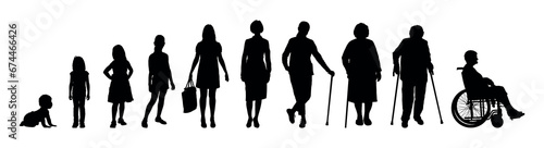 Woman life cycle and aging process stages from baby to elderly stages human life path vector silhouette set.