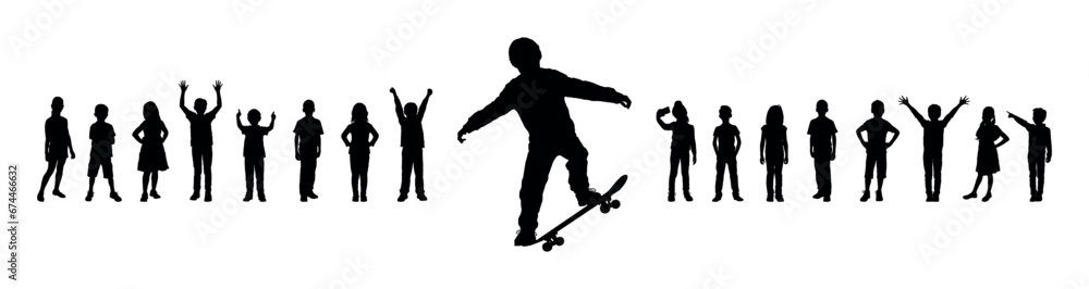 Boy playing skateboard in park in front of group of children vector black silhouette.