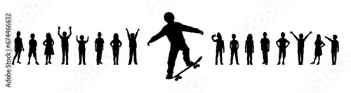 Boy playing skateboard in park in front of group of children vector black silhouette.