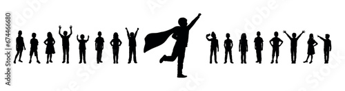 Happy boy with superman costume posing in front group of kids vector silhouette.