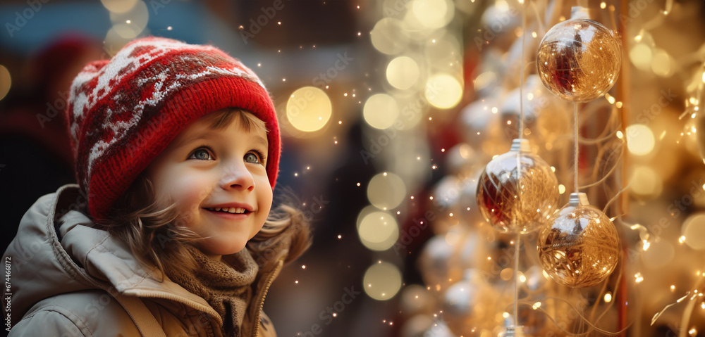 A happy boy fascinated by Christmas decorations at the festive market. Generative Ai. A happy boy fascinated by Christmas decorations at the festive market. Generative Ai.