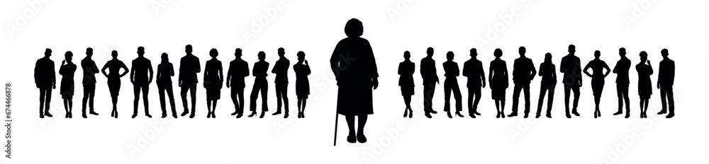 Elderly woman with cane standing in front of large group of young people vector silhouette set.