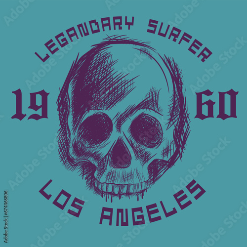 vector illustration of scull and surfing theme. t shirt graphics . typography