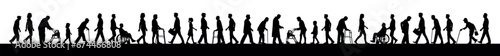Disabled people with walking aids walking in crowd people street vector infographic silhouette set.