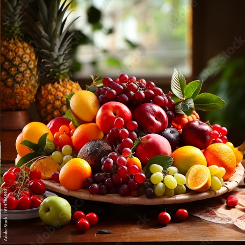 Plate with different fruits on kitchen table. Made with generative ai.  photo