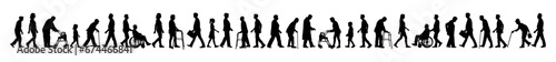 Elderly people with walking aids walking on crowded city street side view vector black silhouettes.