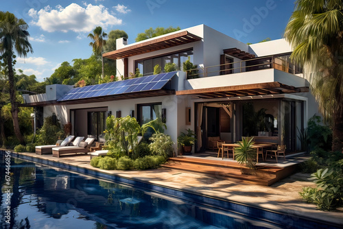 Bungalow in Tropical Setting with Solar Panels on the Roof and a Pool in the Garden