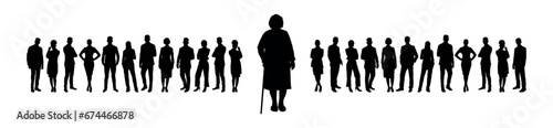 Elderly woman with cane standing in front of large group of young people vector silhouette set.